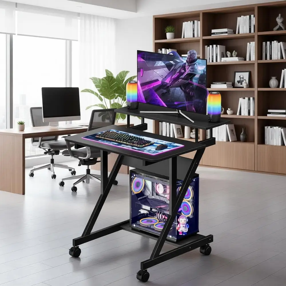 

Компактный 3-уровневый компьютерный стол для небольших помещений, черный стол 27,5 дюймов с полкой для монитора и местом для хранения