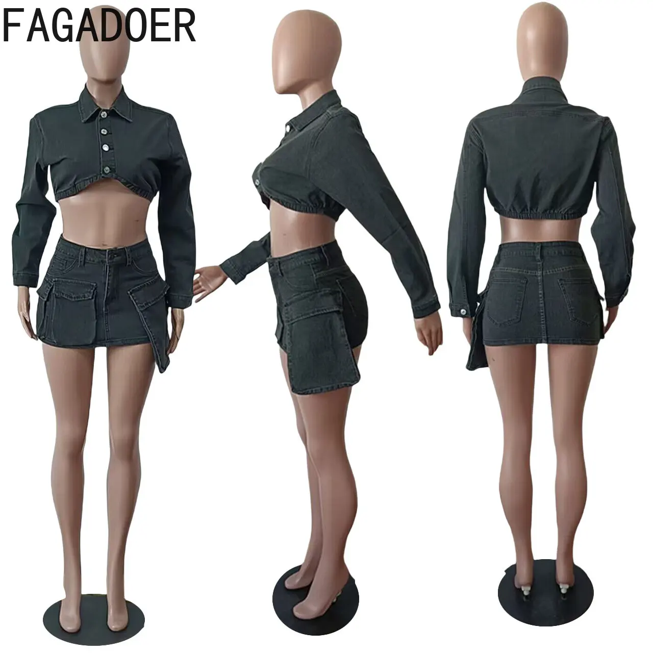 FAGADOER Black Women Y2K Denim Skirt Two Piece Sets Fashion Lapel Button Long Sleeve Crop Top And Mini Pocket Skirts Outfit 2024