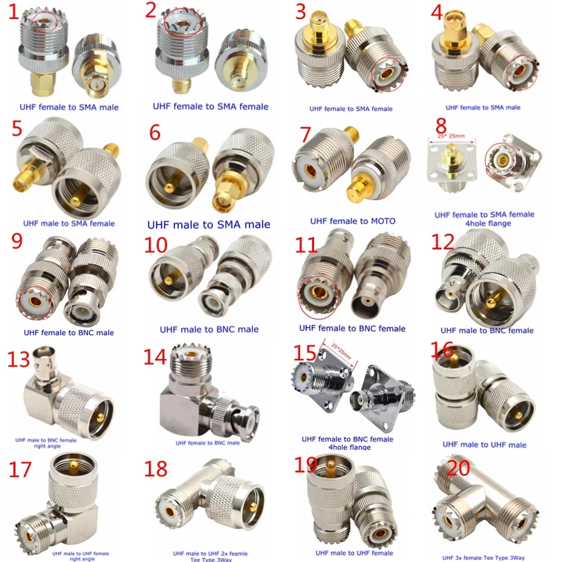 1Pcs UHF SO239 PL259 Connector SL16 UHF SO-239 PL-259 To SMA BNC Flange UHF Male Female Connector Adapter Test Kit Copper Brass