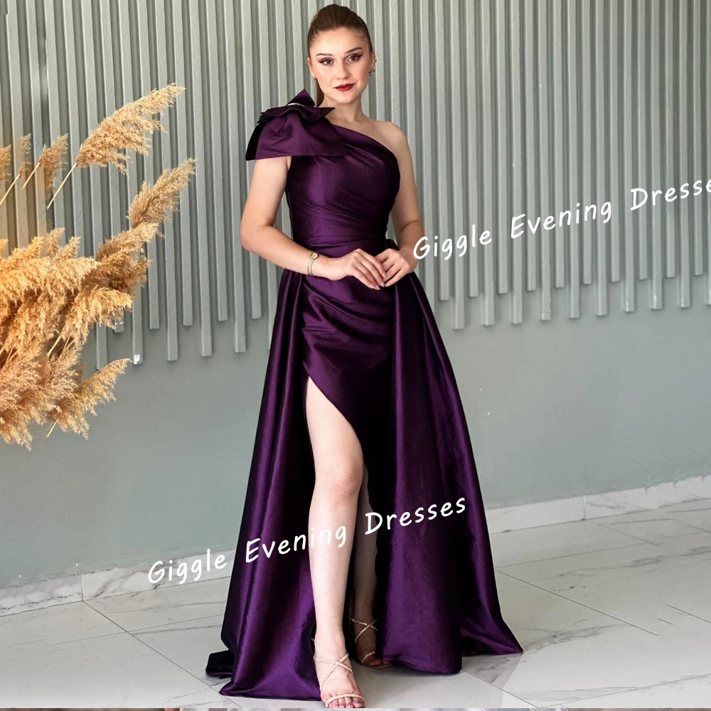 Giggle Satin One-Shoulder Bow Pleating Elegance Prom Gown Saudi Arab A-Line Floor-Length Evening Party Dresses for Women 2024