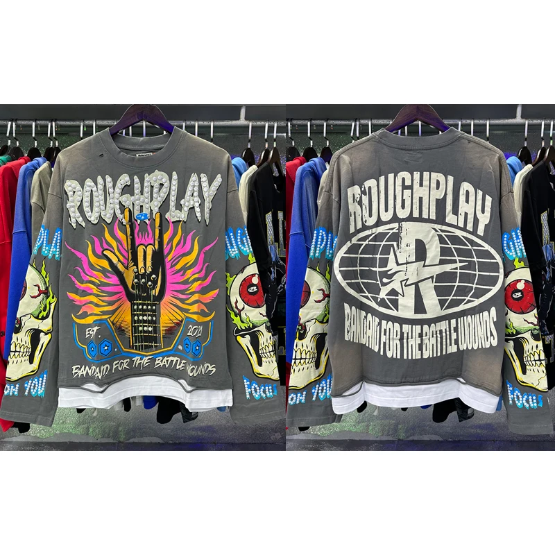 

ROUGHPLAY Long Sleeve Vintage Trend Print Ripped Holes Do Old Wash Water Splicing Rough Play T-shirt Tops Tees