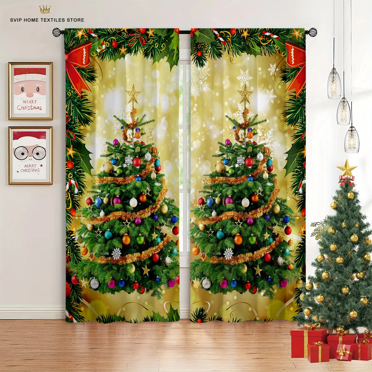 Christmas Tree Curtains for Home Decor, 2 Panel, Luxury, Living Room, Bedroom, Balcony, Kitchen Decor, Happy New Year