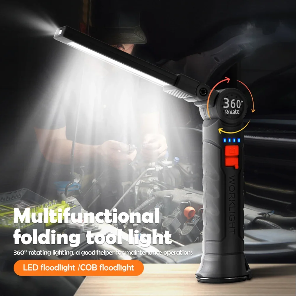 Durable Magnetic Base LED Folding Flashlight 360° Rotate Rechargeable Emergency Work Light for Car Repair Garage and Camping DIY