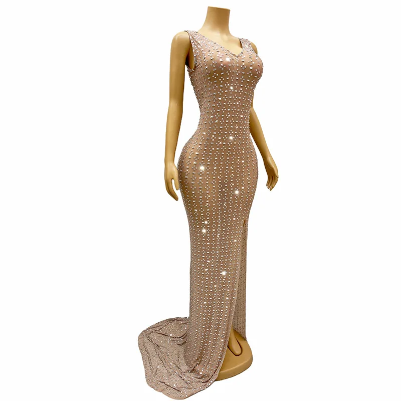 On-Sale Fashion Sexy Flesh Mesh Perspective Slim Waist Temperament Sleeveless Long Dress Women Dresses For Party And Wedding