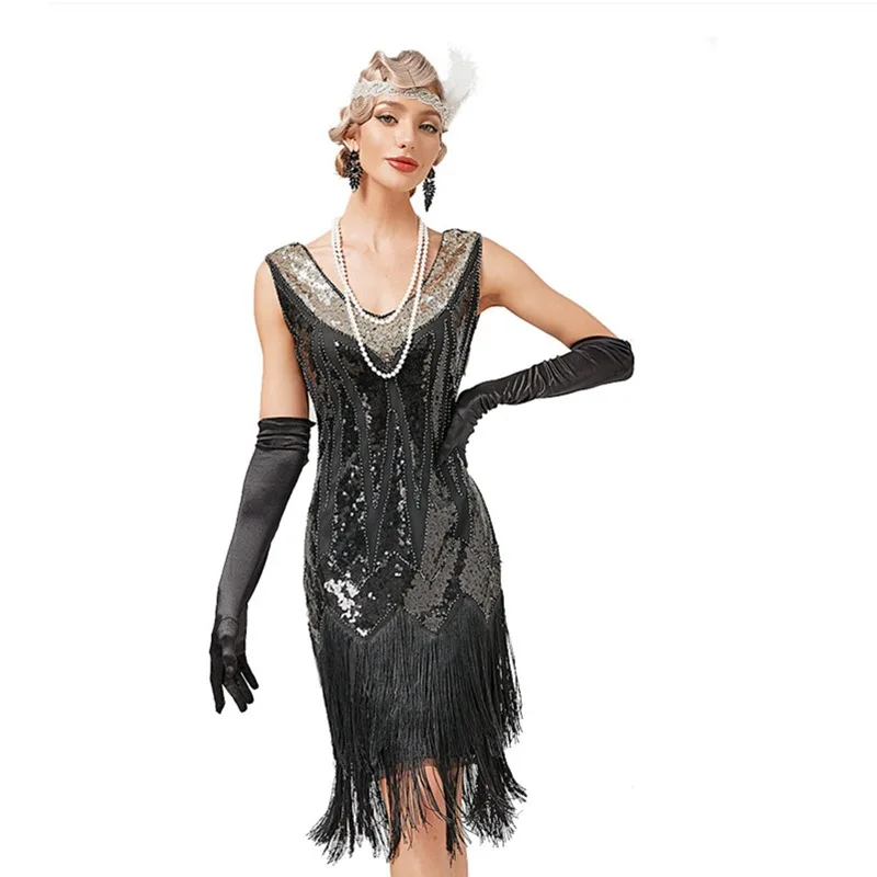 European and American retro 1920S retro V-neck tassel dress Gatsby costume Latin dance ball sequin studded dress