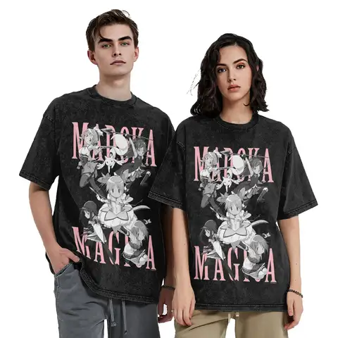 Madoka Mahou Shoujo Washed T Shirt Streetwear Hip Hop Vintage T-Shirt Madoka Magica Anime Tees Men Women Cotton Harajuku Summer