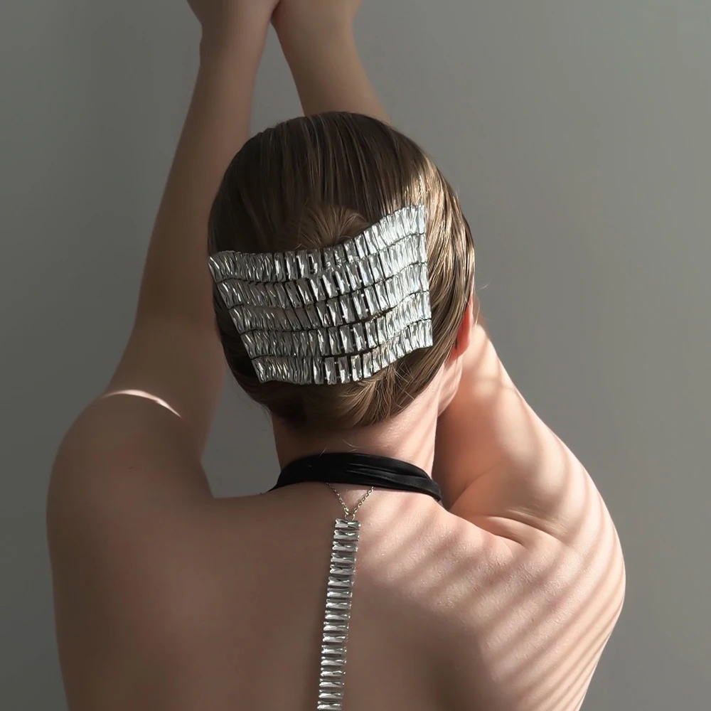 Chic Rhinestone Hair Bun Cover Geometric Crystal Ponytail Holder Statement Spine Body Chain Clubwear Exotic Back Accessories
