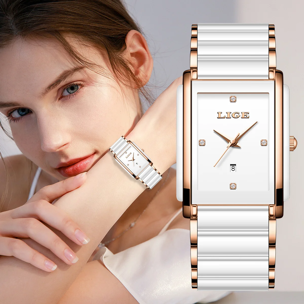 

LIGE New Quartz Watches Elegant Simple Diamond Calendar Romantic Women Watch Fashion Ceramic Birthday Gift Ladies Wristwatches