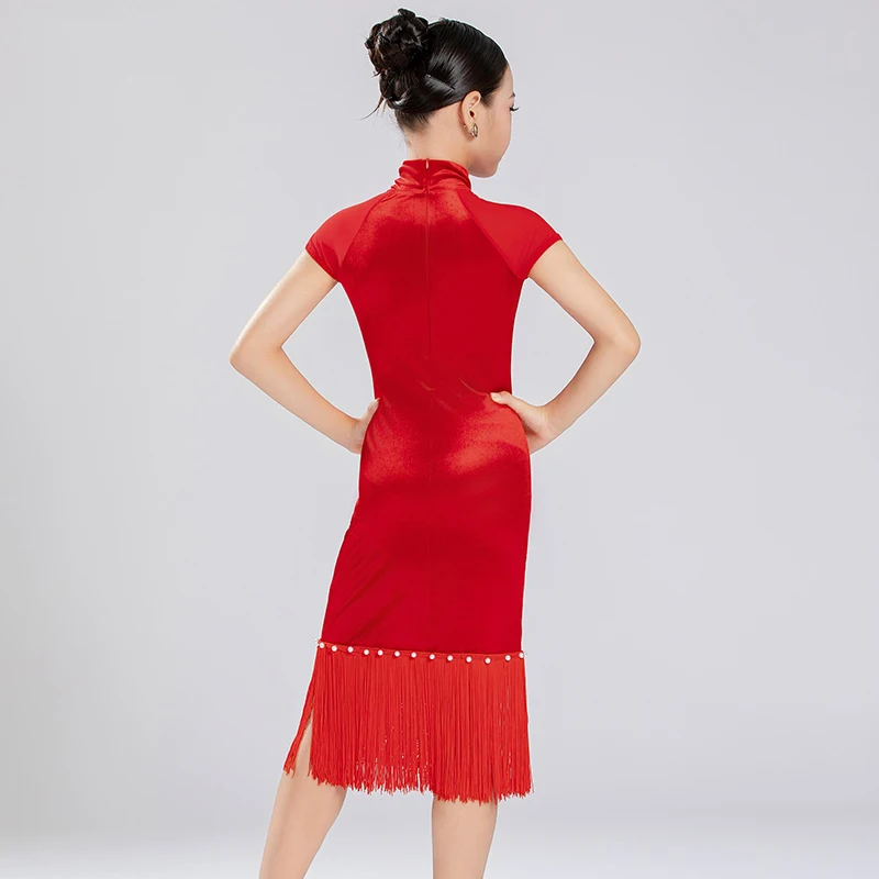 Crianças estilo chinês dança latina franjas vestido meninas vermelho vestidos de competição de dança latina crianças dança de salão wear sl13968