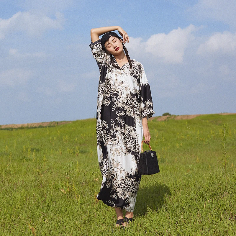 

Длинное платье Dr Q49 в стиле ретро, свободного кроя, большого размера, с эффектом стройности, для танцев, с цветочным принтом, V-образным вырезом, А-силуэт