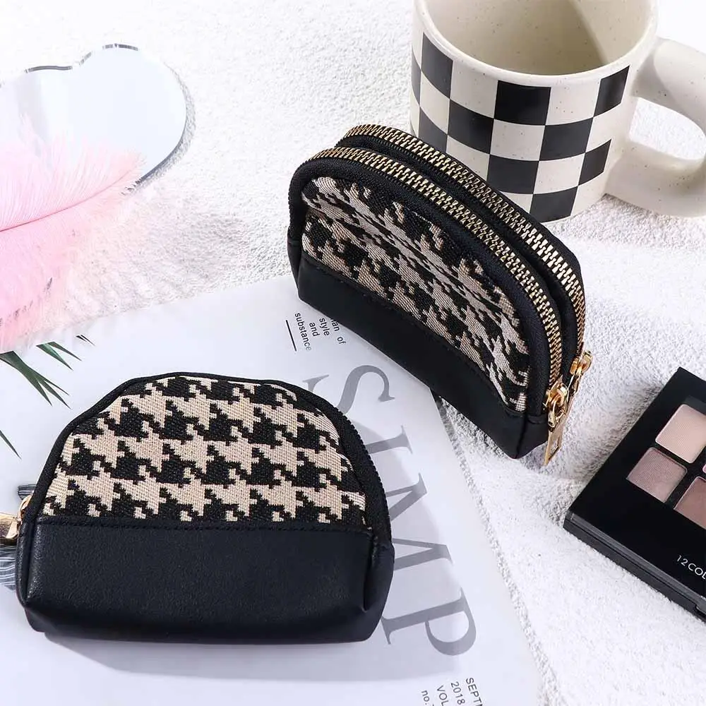 Temperamental Small with Key Chain Canvas Houndstooth Mini Wallet Card Holders Women Coin Purse Leather Bag