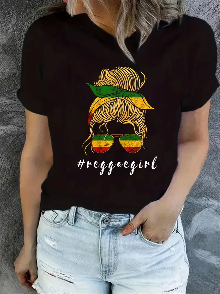 Rasta Reggae Mom Messy Bun Hair Jamaica Rastafari  women\'s t-shirt Round neck printing womens short sleeve t shirts