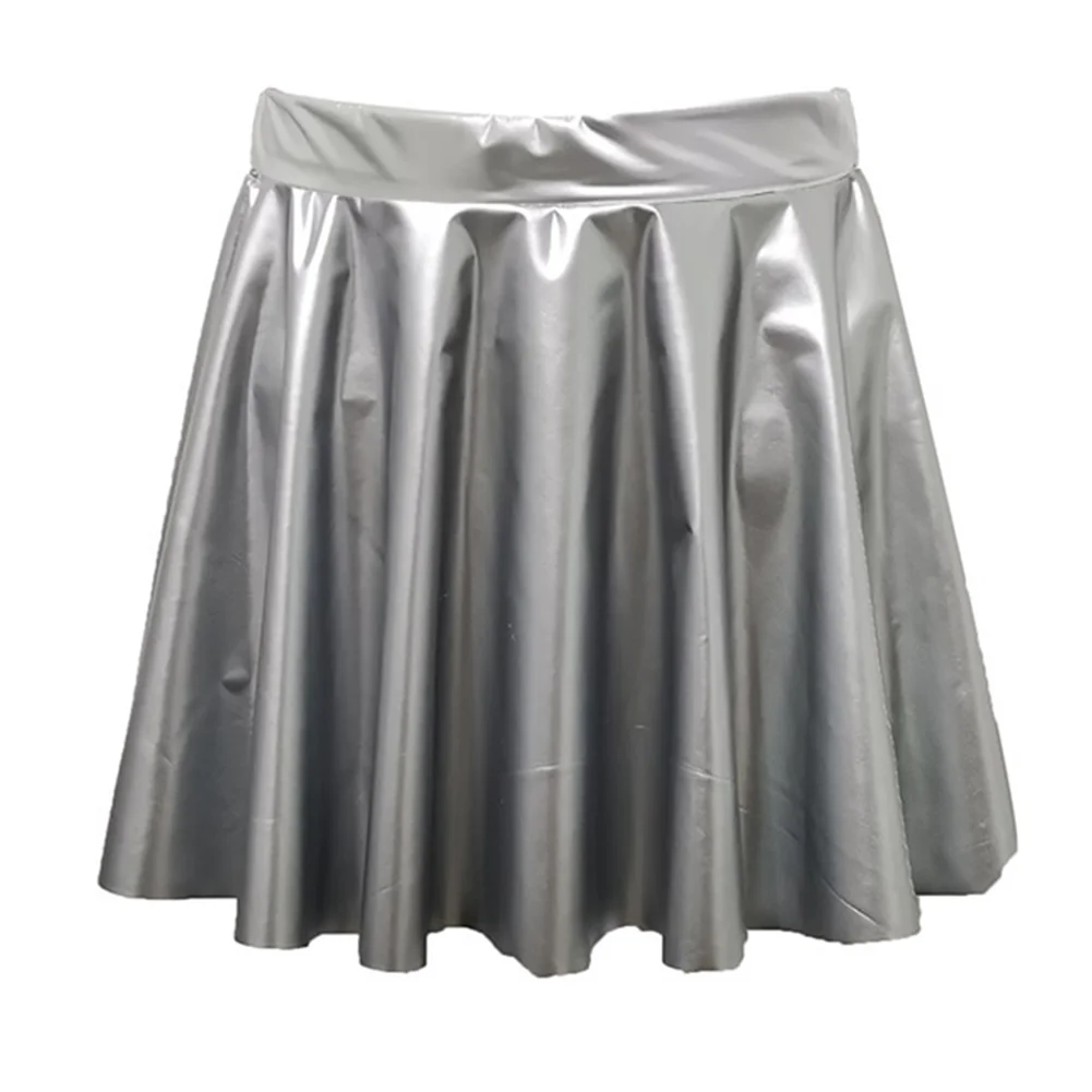 Womens Shiny PVC  Patent Leather Skirt Sexy Wet Look Leather Pleated Skirt Front Bodycon Elastic Latex Mini Short Skirt
