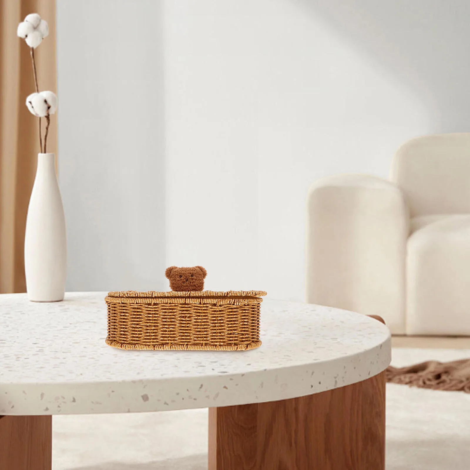 

1pcs Storage Box Imitation Rattan Cute Bear Handle Desktop Organizer For Stationery Sundries Woven Basket Bin Household