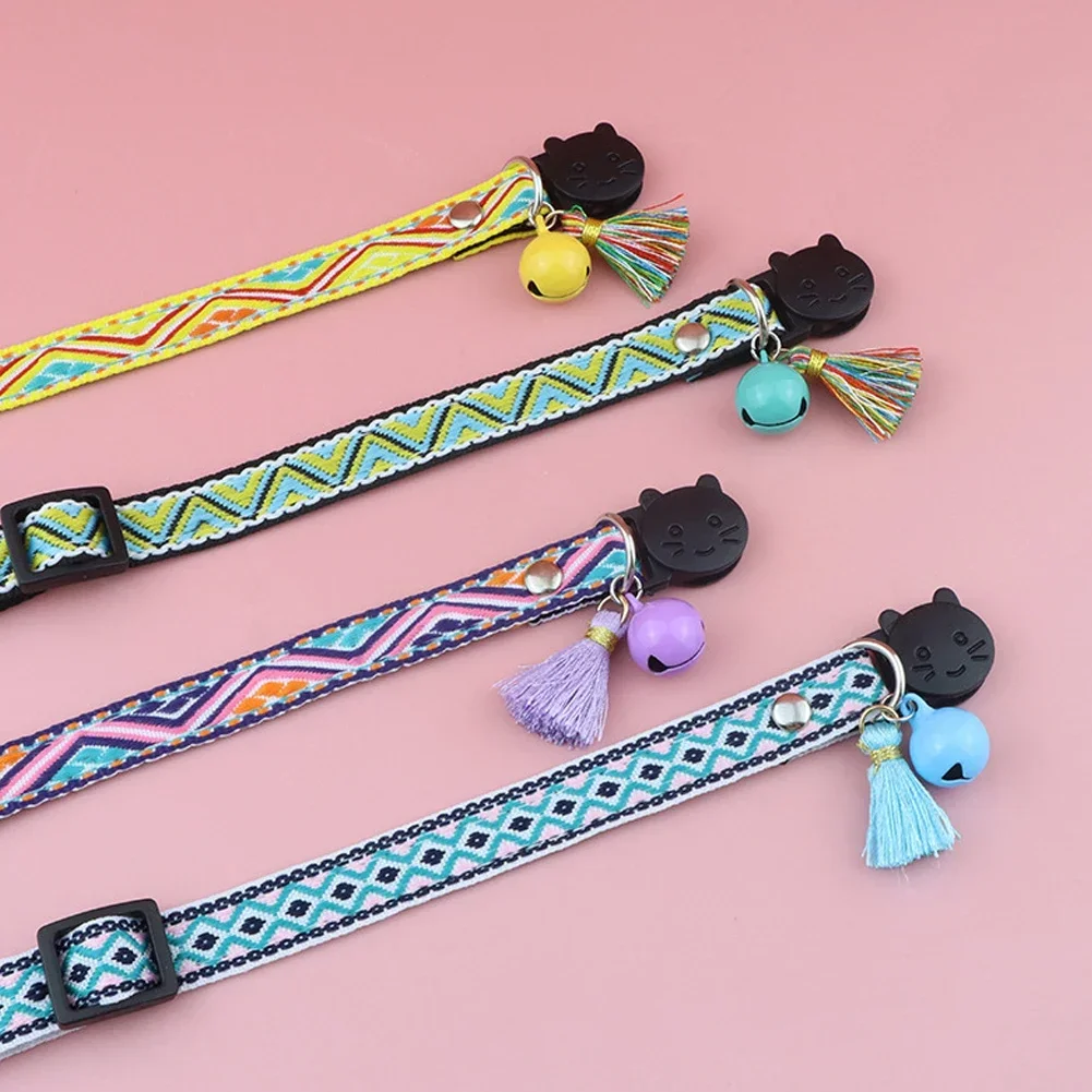 Adjustable Cat Collar with Tassels and Bells Embellished Pet Collar Colorful Plaid Jacquard Pattern for Cat and Dog Collars