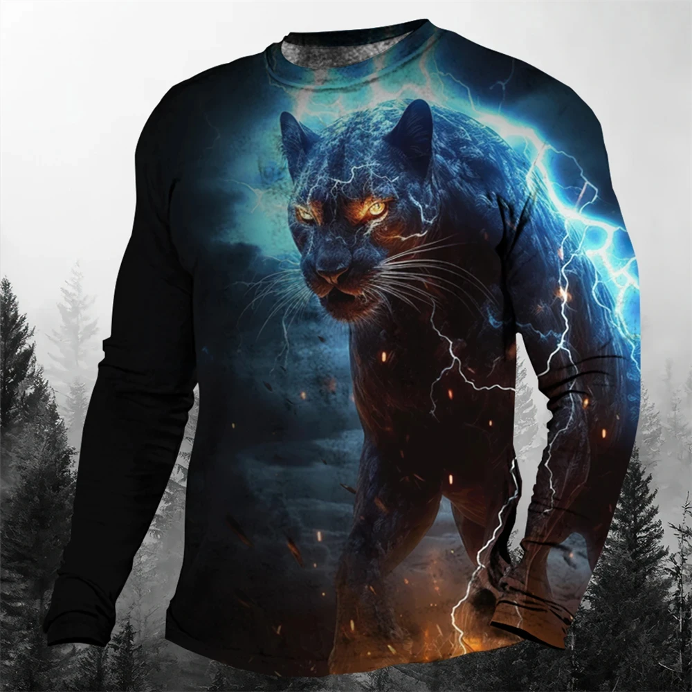 Personalized trendy men\'s round neck long sleeve 3D lightning animal cheetah pattern printed men T-shirt tops daily long sleeve