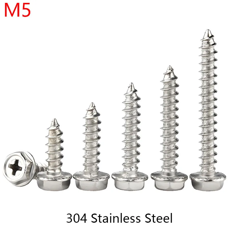 

M5 304 Stainless Steel Phillips Hex Washer Self Tapping Screws Hex Flange Sheet Metal Screws Bolts