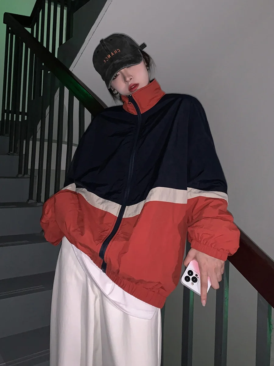 

Ретро-куртка в американском стиле с цветными вставками, ветрозащитная, мужская, весенне-осенняя, тонкая, свободного кроя, с воротником-стойкой, спортивная верхняя одежда