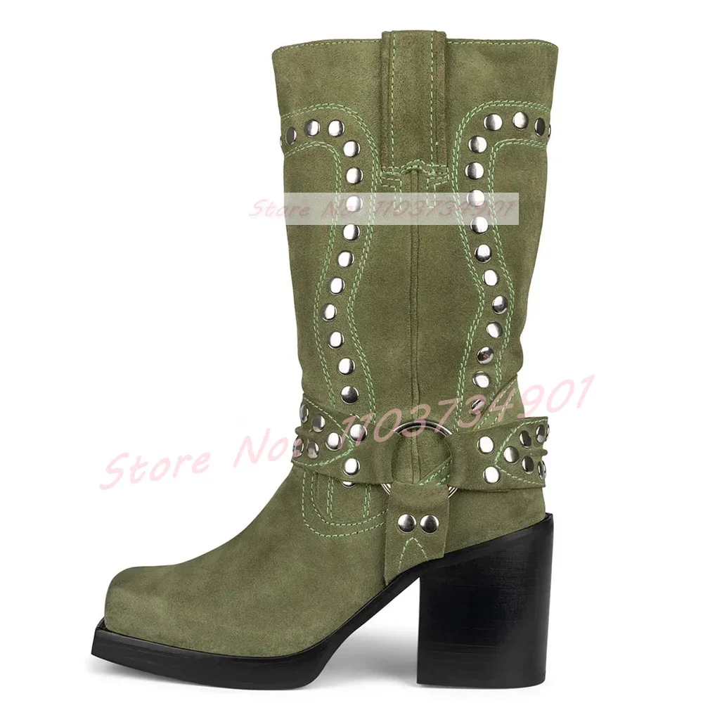 Rivets Mid Calf Square Toe Western Boots Women Chunky High Heel Studded Boots Ladies Flock Retro Fashion Sexy Novelty Shoes