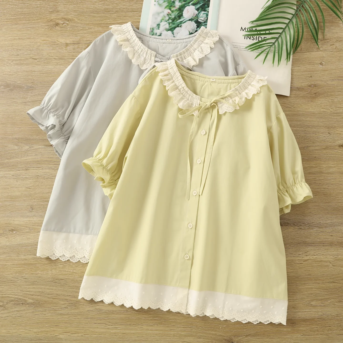 

2025 Korean clothing mori girl summer sweet cotton lace collar patchwork shirts short sleeve blouses for women cute clothes