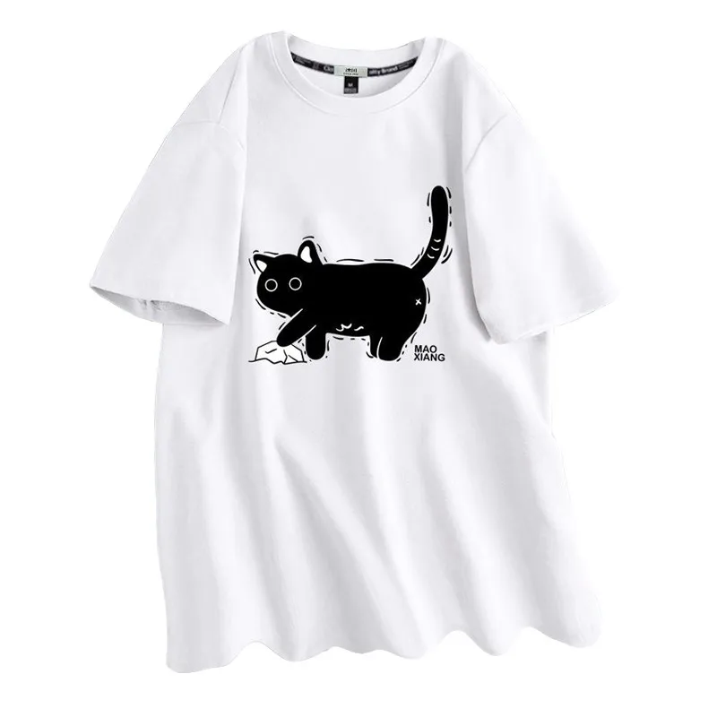 Camiseta de manga corta con Gato Negro para mujer, ropa Y2k, diseño Sense nicho Ins, Tops de algodón puro verde claro a la moda, camisetas para mujer