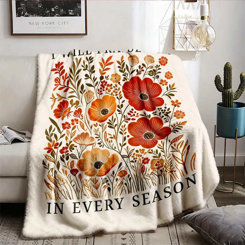 I Will Praise In Every Season Flannel Blanket, Christian Fall Floral Flannel Throw, Bible Verse Cozy Blanket