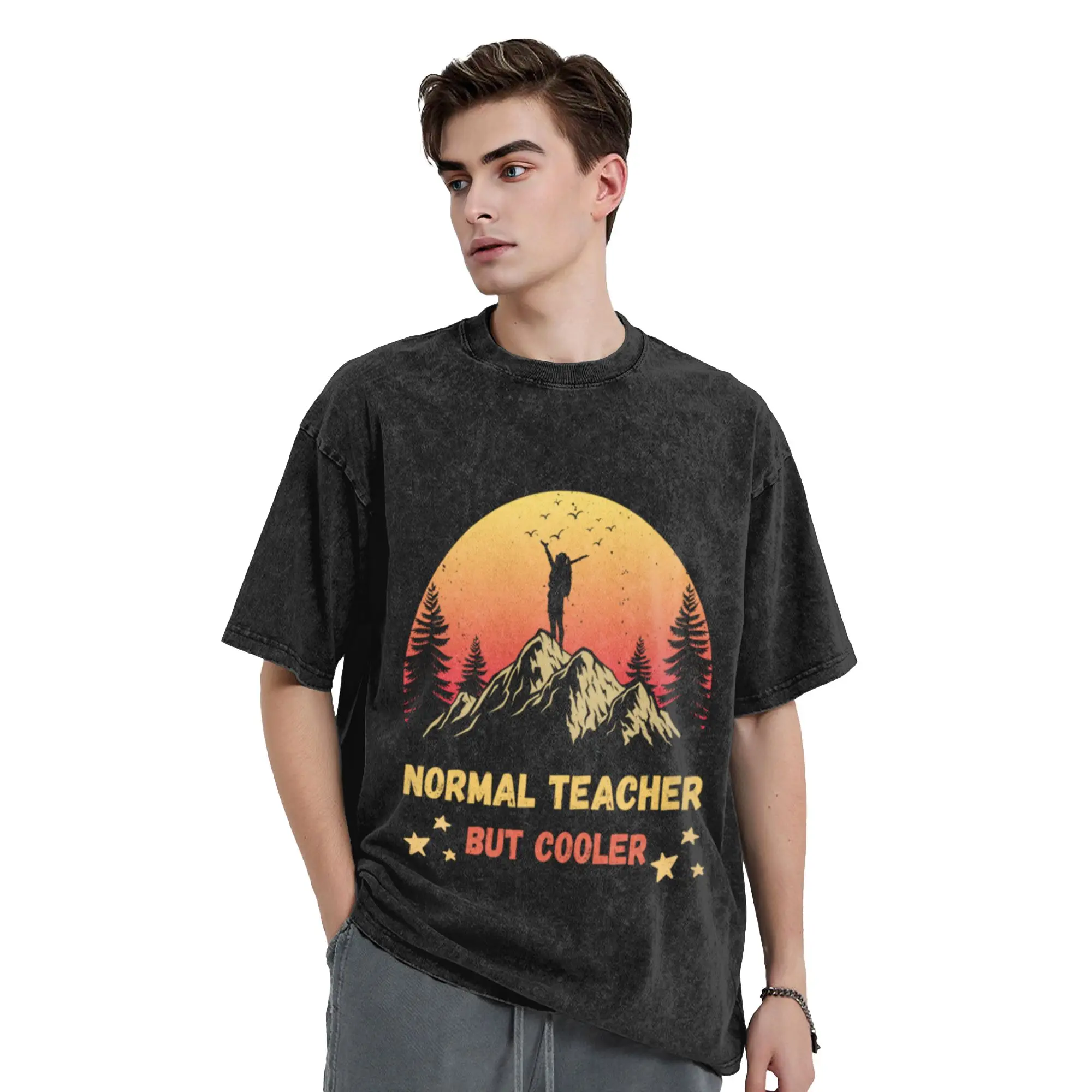 Normal Teacher But Cooler Hiking Fun  Classic Stylish A Washed T Shirt Men's Women's Oversized Cotton Tees Tops