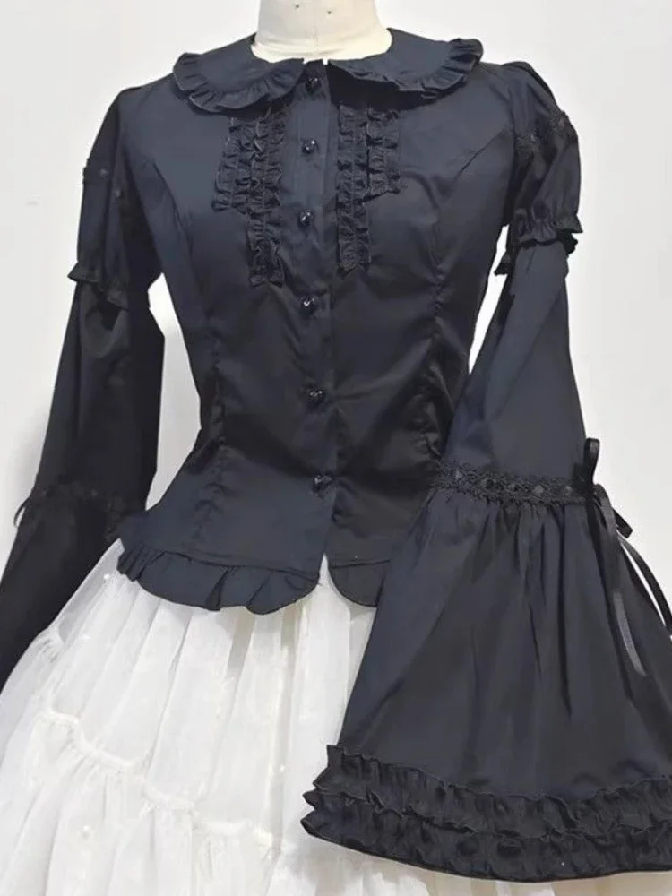 Lolita Peter Pan Collar Blouse Women Jk Kawaii Shirt Japanese Lace Patch Detachable Long Sleeve Y2k Aesthetic Ruffled Blusas