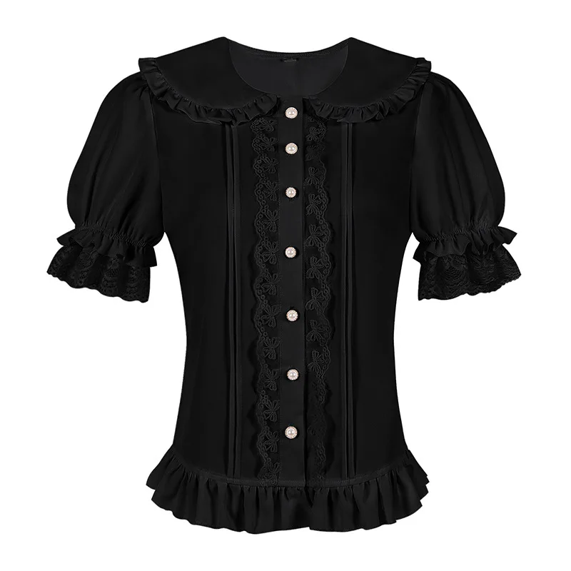 Nova blusa lolita feminina manga curta renda guarnição japonês único breasted doce topo y2k estética babados blusas soltas