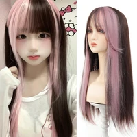 Peluca sintética Loiita negra y rosa de 24 pulgadas, larga y recta, extensiones de cabello de cola de caballo doble, peluca cosplay de Navidad