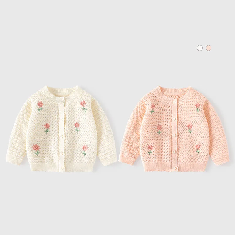 UNITIM Ins Autumn Toddler Girls Knitted Tops Floral Embroidery Hollow Little Girls Knitwear Long Sleeeve Baby Girl Thin Coat