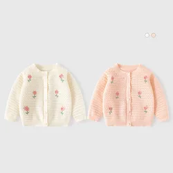 UNITIM Ins Autumn Toddler Girls Knitted Tops Floral Embroidery Hollow Little Girls Knitwear Long Sleeeve Baby Girl Thin Coat