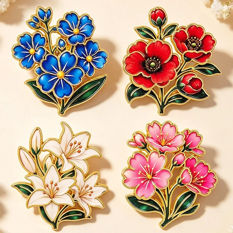 Cute Vintage Colorful Floral Enamel Pin Lily Cherry Poppy Blue Flower Leaf Brooch Backpack Hat Clothes Plant Lovers Daily Gifts view 2