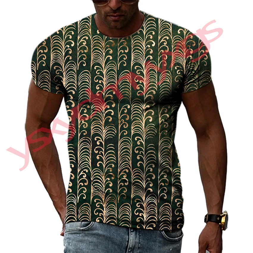 

Summer Traditional Grain Pattern Men's T-shirt Hip Hop 3D Print Personality Neck Short Sleeve Fashion Clothes