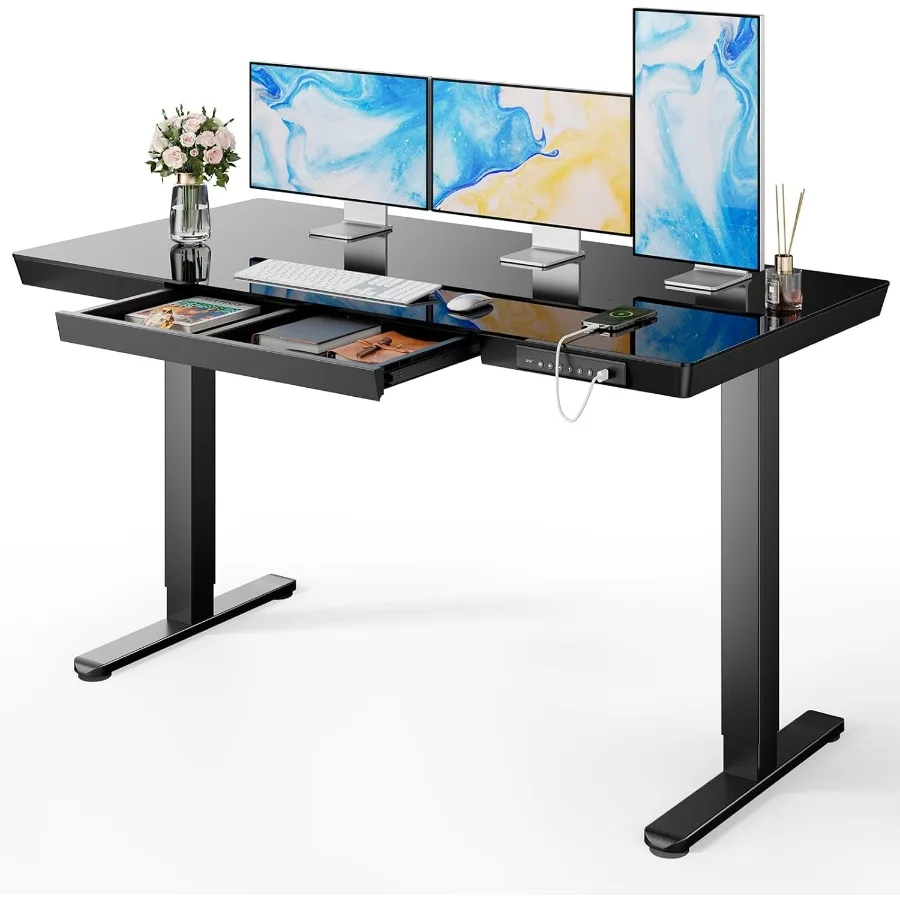 

Electric Height Adjustable Standing Desk with Drawer 55 x 28 Inch Sit Stand Desk Featuring OnePiece Tabletop and Builtin USB Ch