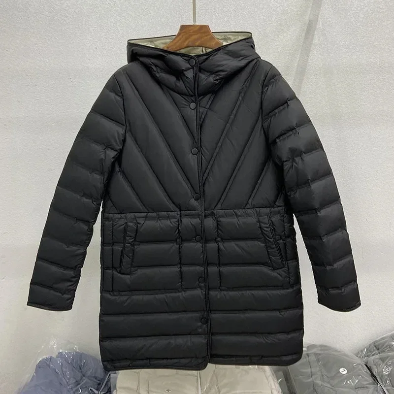 2025 New Hooded Puffer Coat Autumn Winter Women Light White Duck Down Jacket Parkas Ladies Warm Double-Sided Outwears