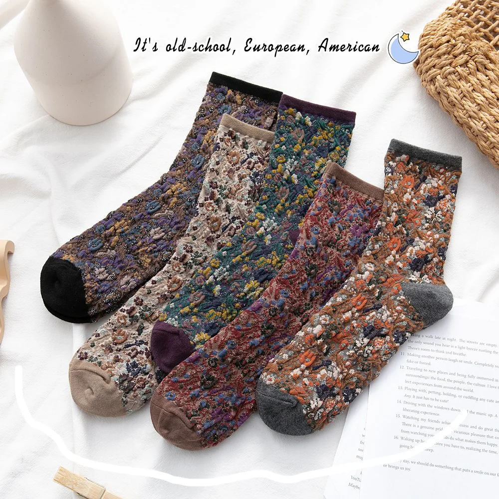

5 Pairs Women's Spring Autumn Mid-Calf Socks with 3D Abstract Floral Retro Cozy Short Socks Adult Fashion Thermal Woman Socks