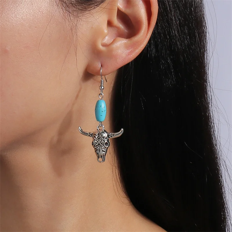 Aihua Metal Silver Color Ethnic Bohemia Eid Al-Adha Bull Head Earrings for Women Vintage Earrings Party Jewelry Accessories