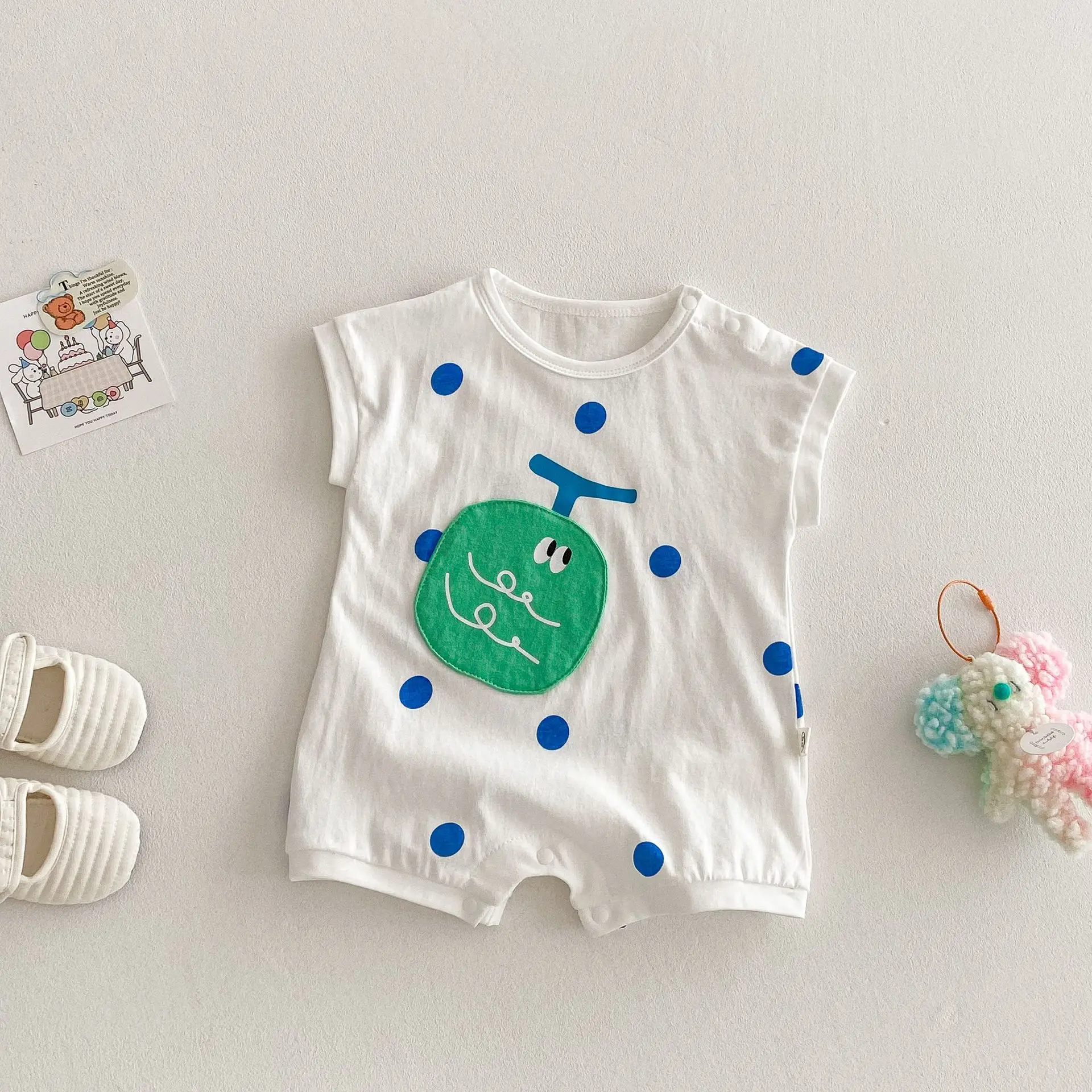 2025 novo bonito pêssego impressão macacão da criança meninos meninas manga curta algodão listra macacão moda roupas do bebê