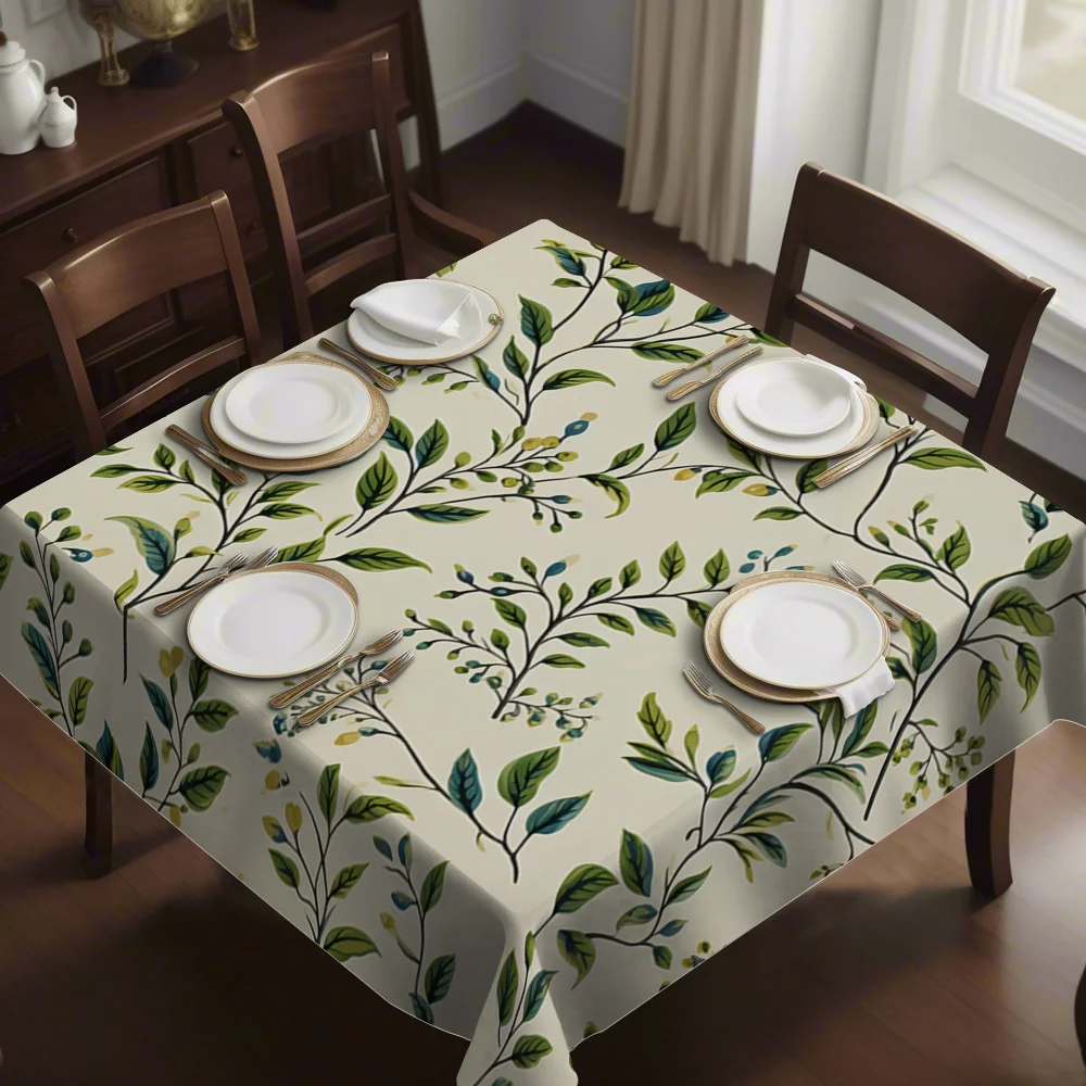 JIT1PC green leafy branches and flowers square tablecloth is suitable for home kitchens, dining parties, patios and indoor use.
