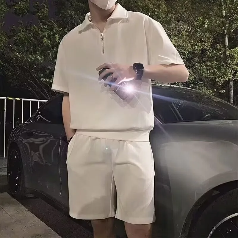 صيف جديد موضة الرجال بلون عادية العصرية فضفاض 2 قطعة مجموعات قصيرة الأكمام قمصان بولو طول الركبة السراويل الذكور الملابس