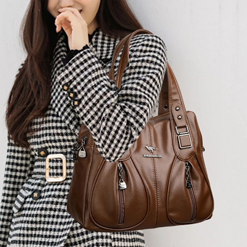 Fashion Retro Women Multi Zipper Handbags Soft Faux Leather Large Capacity Ladies Removable Strap Shoulder Crossbody Tote Bag