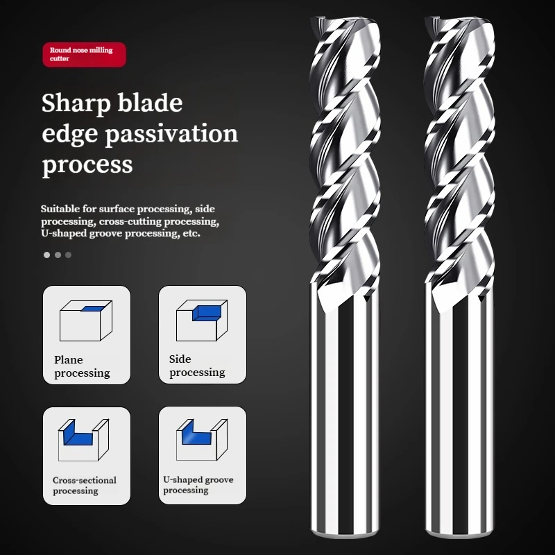 Carbide Bullnose End Mill 3 Flutes R0 5R1R2R3 CNC Tungsten Steel Router Tool HRC62 for Metal Machining