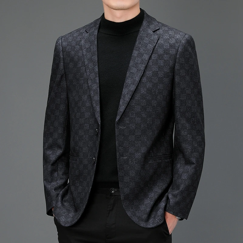 Fashion Business Casual High-end Knitted Korean Version of The British Style Gentleman Plaid Printed Small Suit Business Blazer