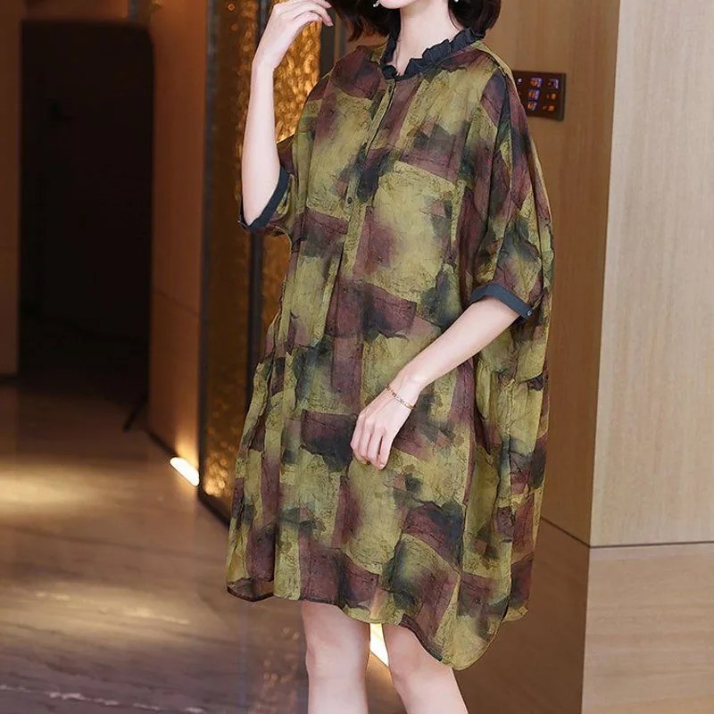 Summer Vintage Loose Waist Printed Dress for Women Fashion Button Spliced Korean Casual Temperament Round Neck Knee Dresses