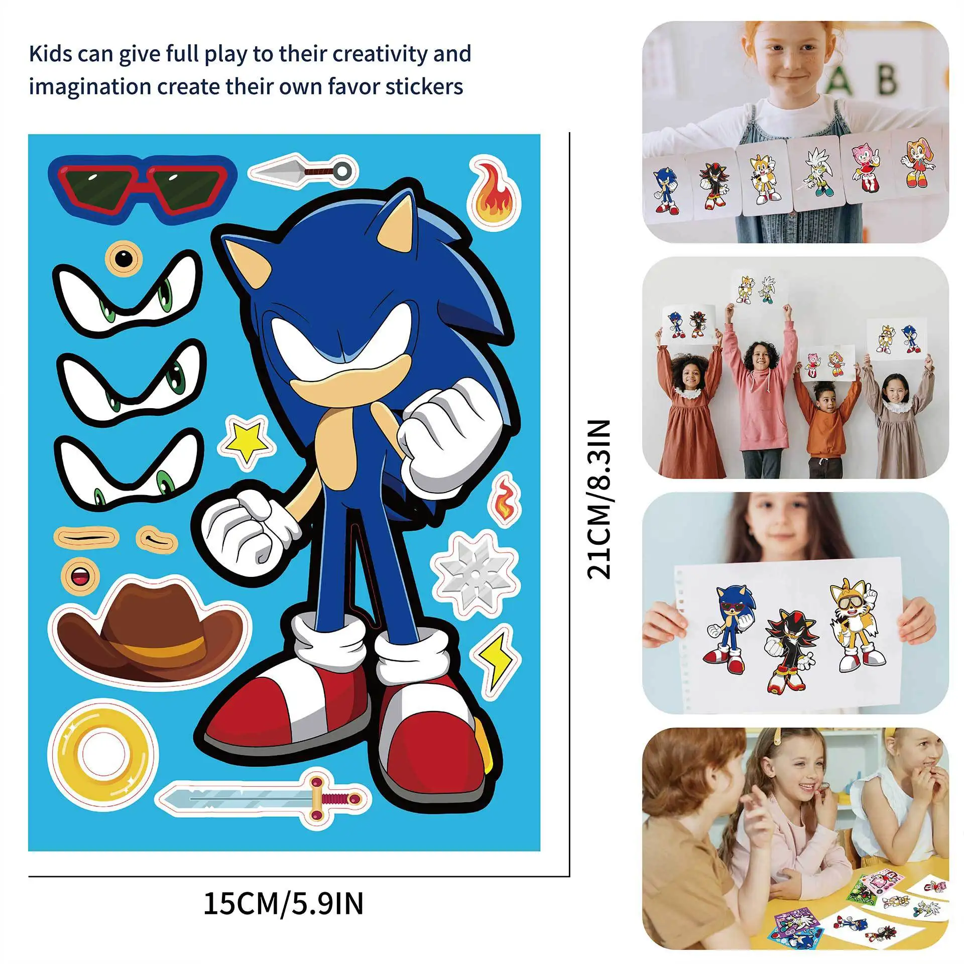 Cartoon 8 Sheets Anime Sonic The Hedgehog Puzzle Stickers Kawaii Make A Face Book Stickers Cute DIY Funny Sticker Toy Kids Gift