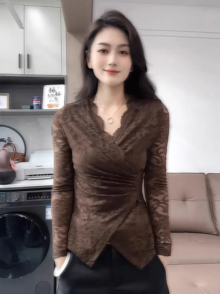 

Элегантный женский базовый топ с кружевными вставками и V-образным вырезом, с длинным рукавом, для осени и зимы, приталенный, премиум-класса