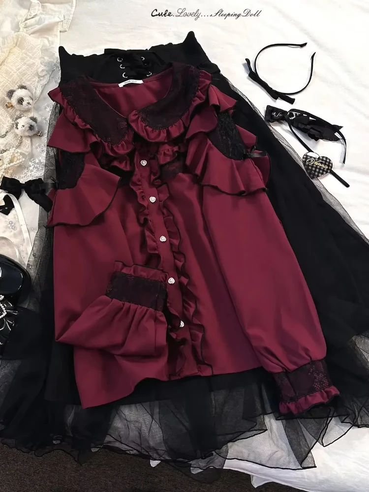 Spring Vintage Elegant Lace New Blouse Women Y2k Grey Long Sleeve Casual Female Tops Black Bow Ruffle Design Chic Outfits 2025