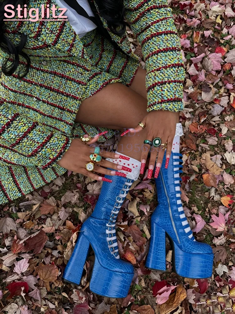 

Dark Blue Buckle Straps Boots Round Toe Platform Square Heel Sandals Crocodile Pattern High Heels Lolita Shoes 2026 Women New