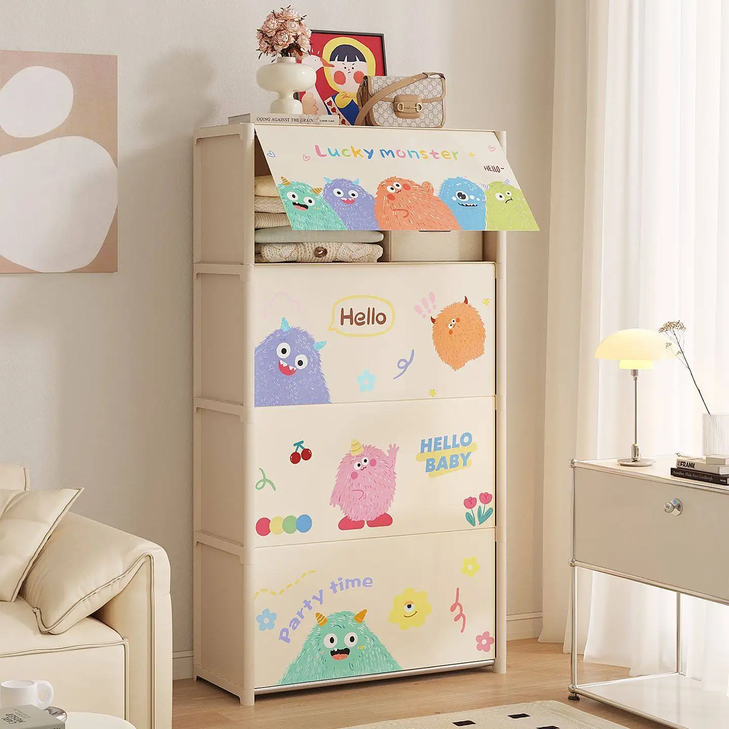 Simple wardrobe underwear clothes dust storage cabinet bedroom cartoon flip type household multi-layer shelf durable